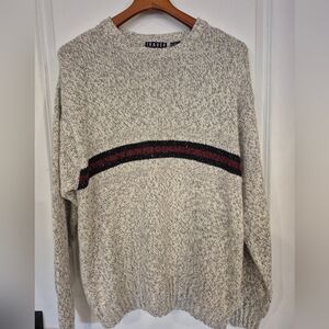 Vtg 1990s Mens L Trader Bay Gray Cream Sweater with Red and Black Stripe